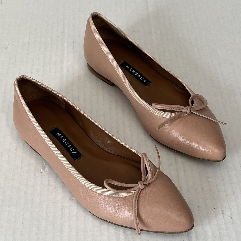 Margaux The Pointe Nude Leather Pointed Toe Ballet Flats Bow Preppy EU 36.5 US 6